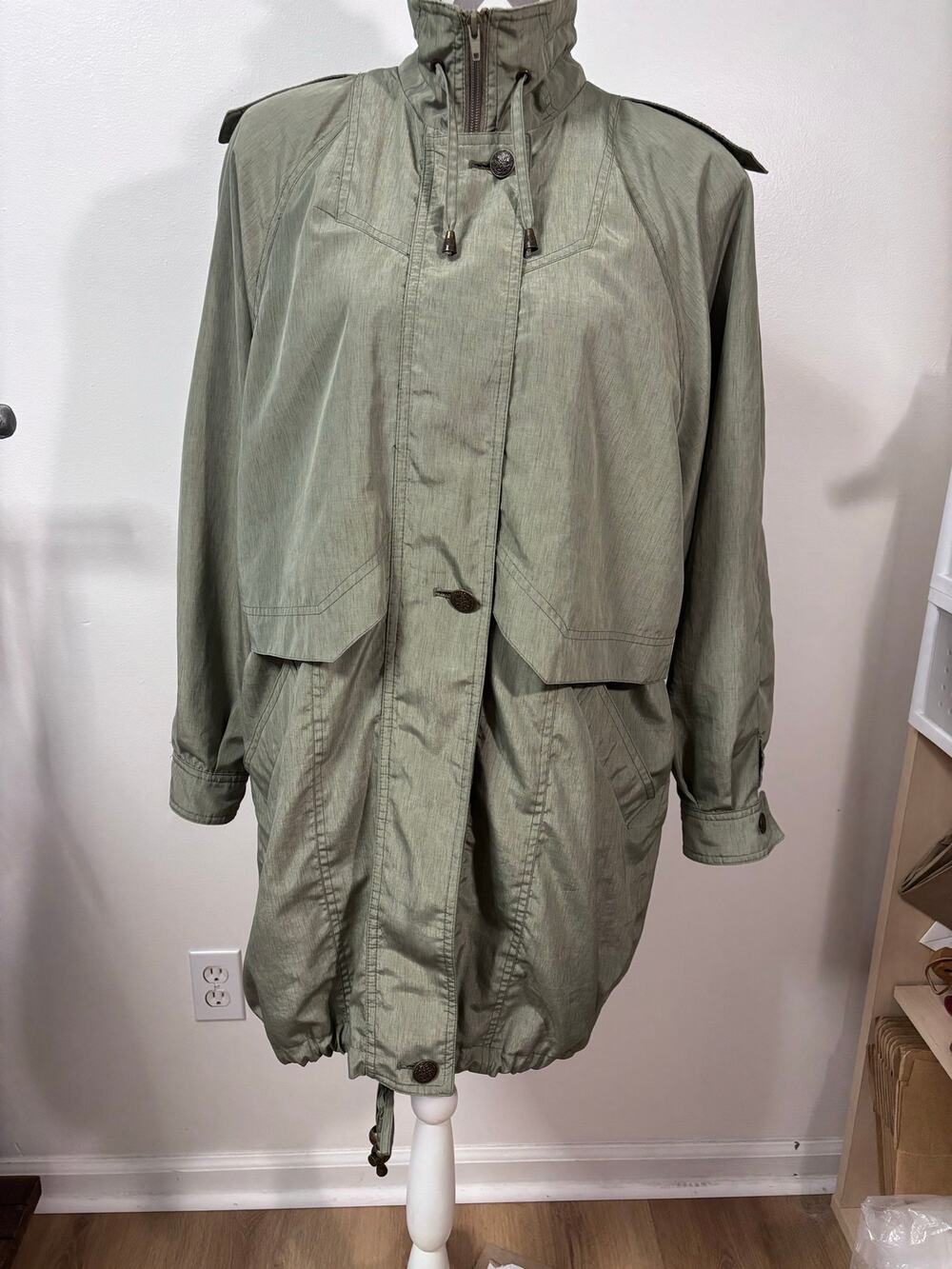 Vintage Utex Design Jacket Womens Medium Sage Green Funnel Collar Trench Coat